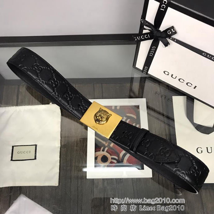 GUCCI古馳 官網新款 正品規格 原單品質 頭層小牛皮壓花 對版尖尾 復古老虎板扣 男士皮帶  xfp1089